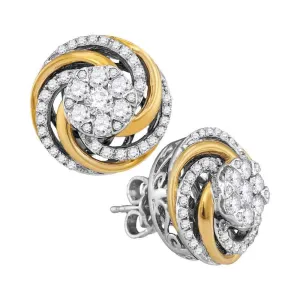 10kt Two-tone White Gold Womens Round Diamond Flower Cluster Earrings 1.00 Cttw