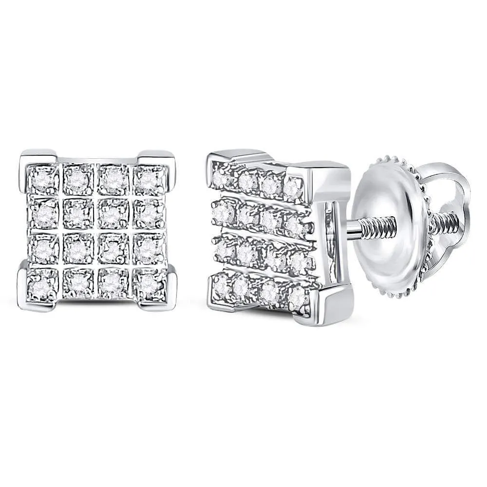 10kt White Gold Mens Round Diamond Square Cluster Earrings 1/10 Cttw