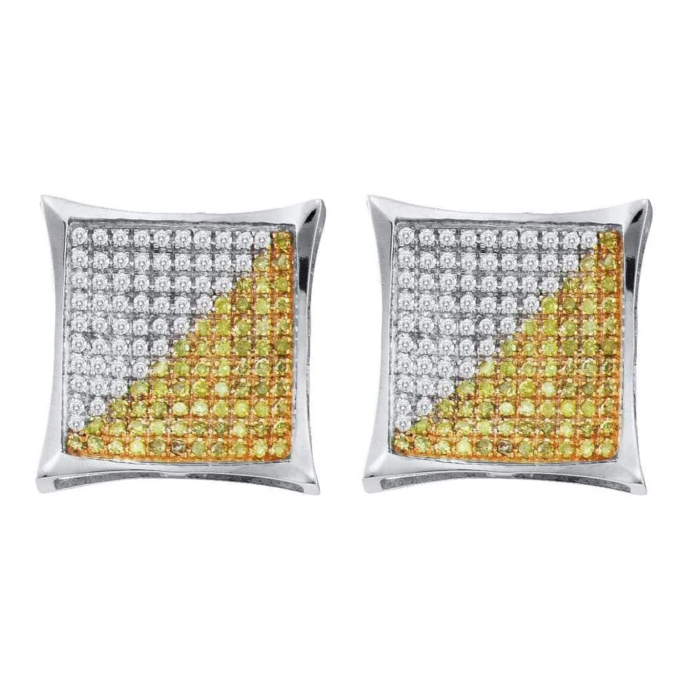 10kt White Gold Mens Round Yellow Color Enhanced Diamond Square Kite Cluster Earrings 1/6 Cttw