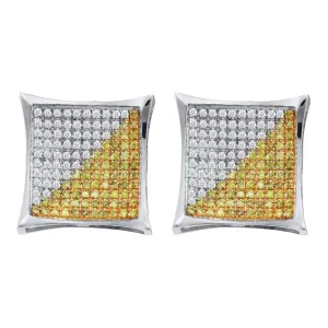 10kt White Gold Mens Round Yellow Color Enhanced Diamond Square Kite Cluster Earrings 1/6 Cttw