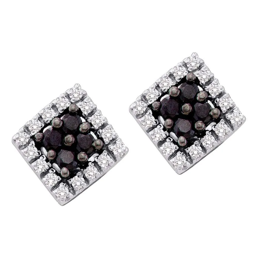 10kt White Gold Womens Round Black Color Enhanced Diamond Square Cluster Screwback Earrings 1/3 Cttw