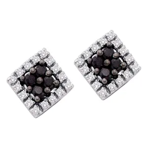 10kt White Gold Womens Round Black Color Enhanced Diamond Square Cluster Screwback Earrings 1/3 Cttw