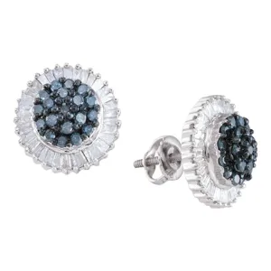 10kt White Gold Womens Round Blue Color Enhanced Diamond Cluster Earrings 1.00 Cttw