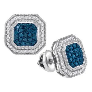 10kt White Gold Womens Round Blue Color Enhanced Diamond Octagon Frame Cluster Earrings 1/2 Cttw