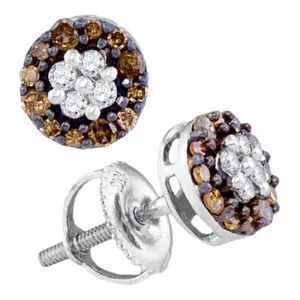 10kt White Gold Womens Round Cognac-brown Color Enhanced Diamond Cluster Stud Earrings 1/3 Cttw