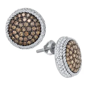 10kt White Gold Womens Round Cognac-brown Color Enhanced Diamond Roped Cluster Screwback Earrings 1-1/3 Cttw