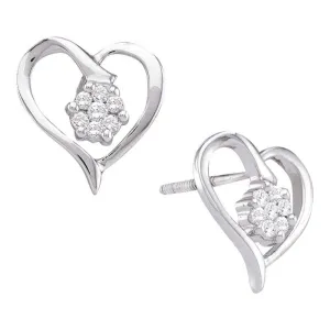10kt White Gold Womens Round Diamond Cluster Heart Screwback Earrings 1/6 Cttw