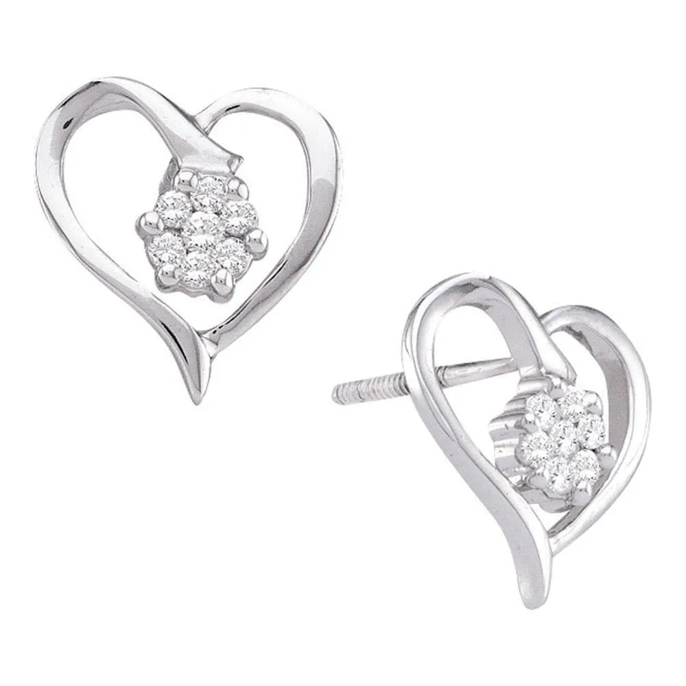10kt White Gold Womens Round Diamond Cluster Heart Screwback Earrings 1/6 Cttw