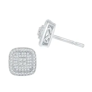 10kt White Gold Womens Round Diamond Cluster Square Screwback Earrings 5/8 Cttw