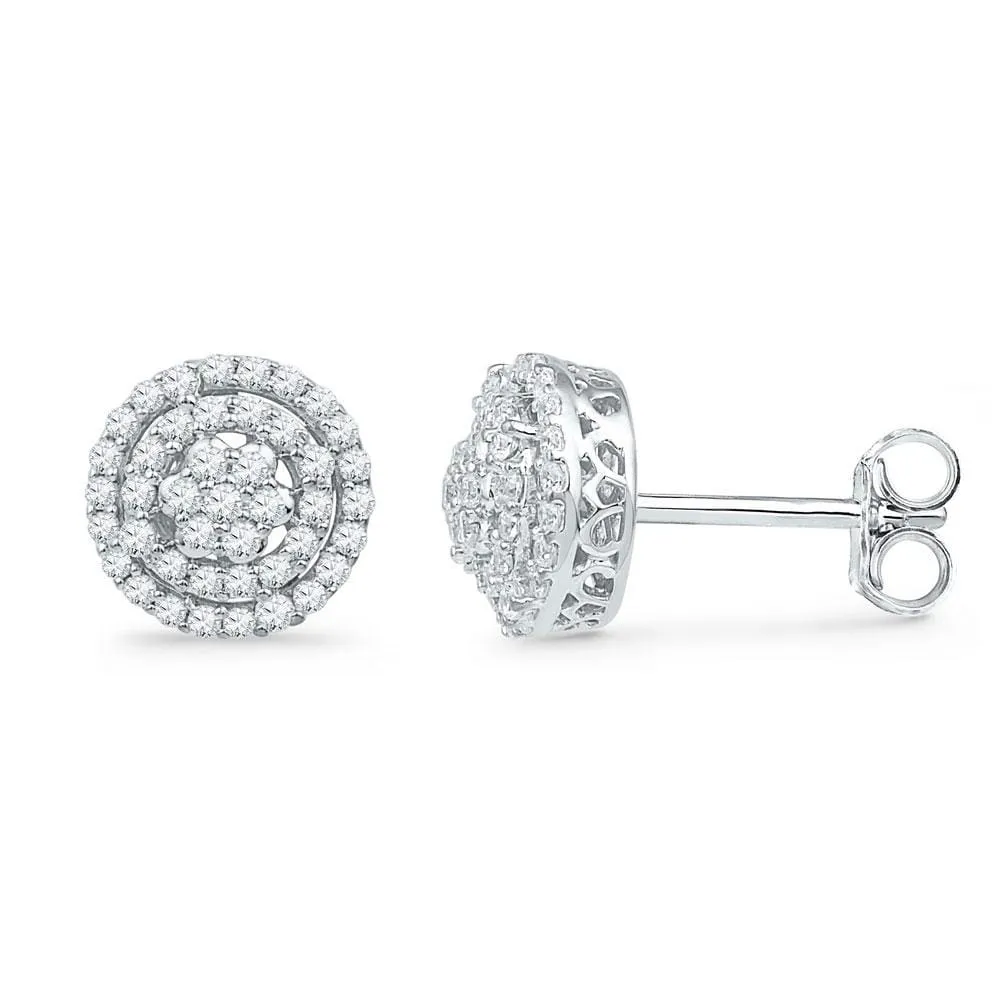 10kt White Gold Womens Round Diamond Concentric Cluster Screwback Earrings 1/2 Cttw