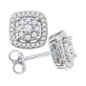 10kt White Gold Womens Round Diamond Framed Square Cluster Screwback Earrings 1/2 Cttw