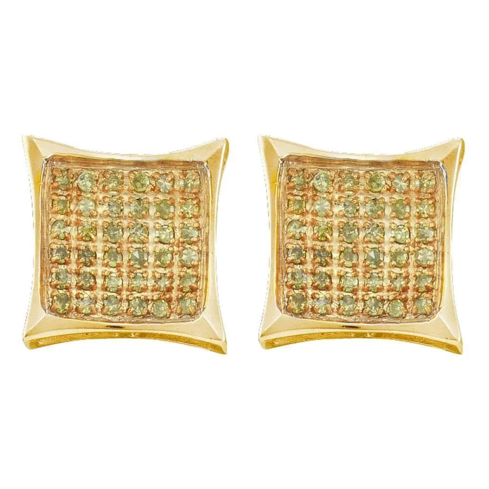 10kt Yellow Gold Mens Round Color Enhanced Diamond Square Kite Cluster Earrings 1/10 Cttw