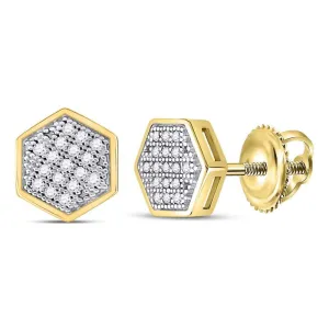 10kt Yellow Gold Mens Round Diamond Hexagon Cluster Stud Earrings 1/10 Cttw