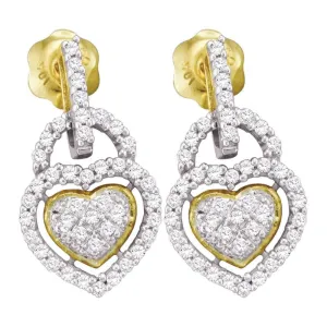 10kt Yellow Gold Womens Round Diamond Heart Frame Cluster Dangle Earrings 1/3 Cttw