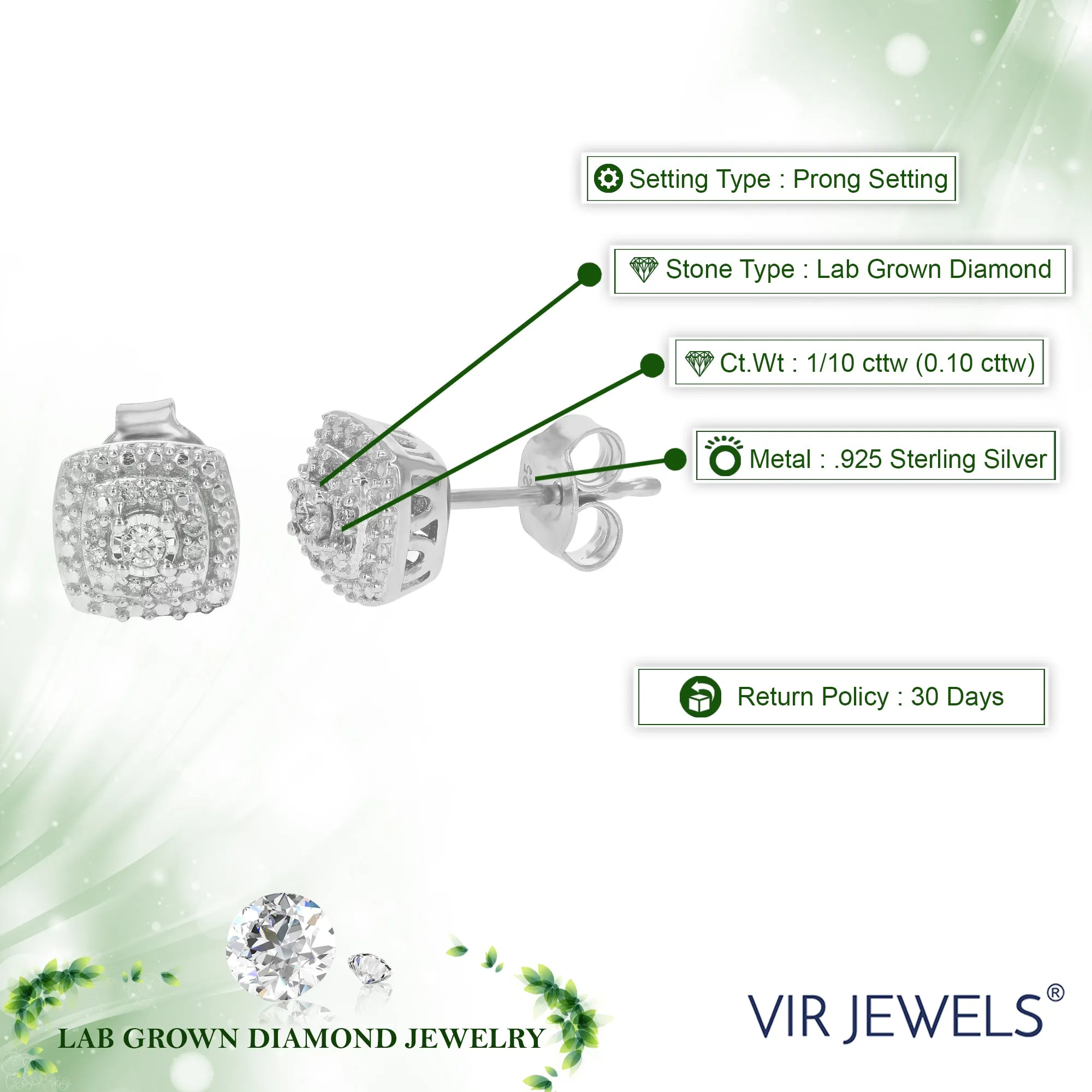 1/10 cttw Cushion Cluster Stud Earrings in Sterling Silver