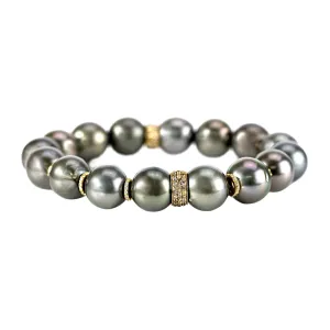 1.17ct Fancy Diamonds in Yellow Gold & Tahitian Pearls Stretch Bracelet 6.5"