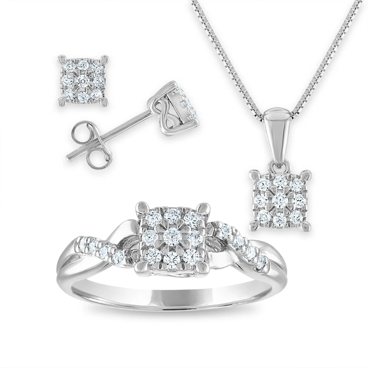 1/2 CTW Lab Grown Diamond Ring Pendant Earrings Set in Sterling Silver