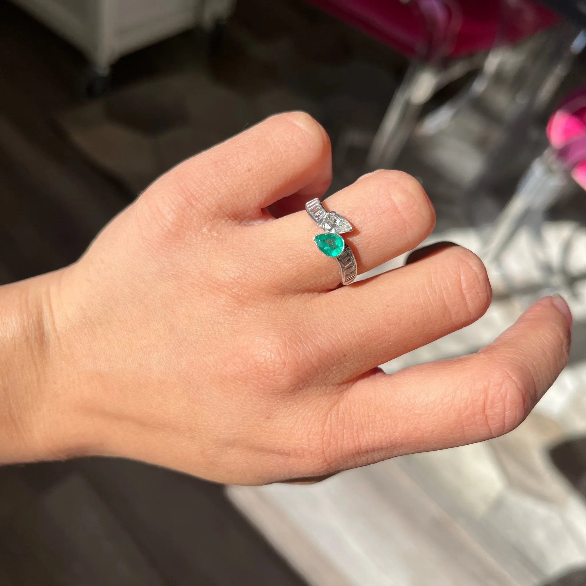 1.25ctw Vintage Pear Cut Diamond & Emerald Toi et Moi