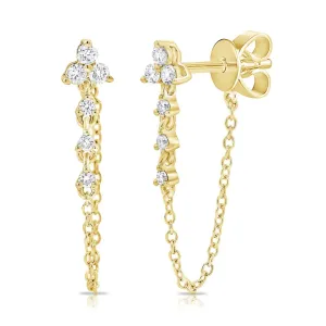 14 K Gold Diamond Cluster Chain Earrings