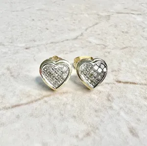 14 Karat Two-Tone Gold 0.65 Carat Diamond Heart Cluster Stud Earrings
