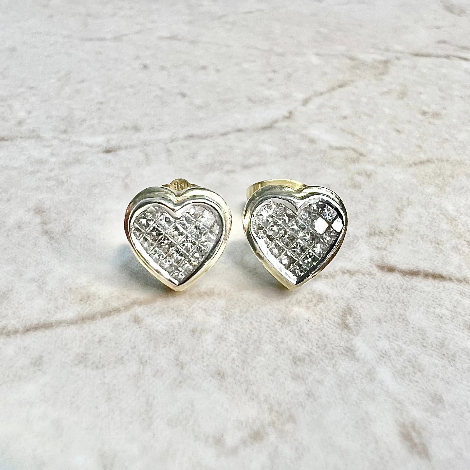 14 Karat Two-Tone Gold 0.65 Carat Diamond Heart Cluster Stud Earrings