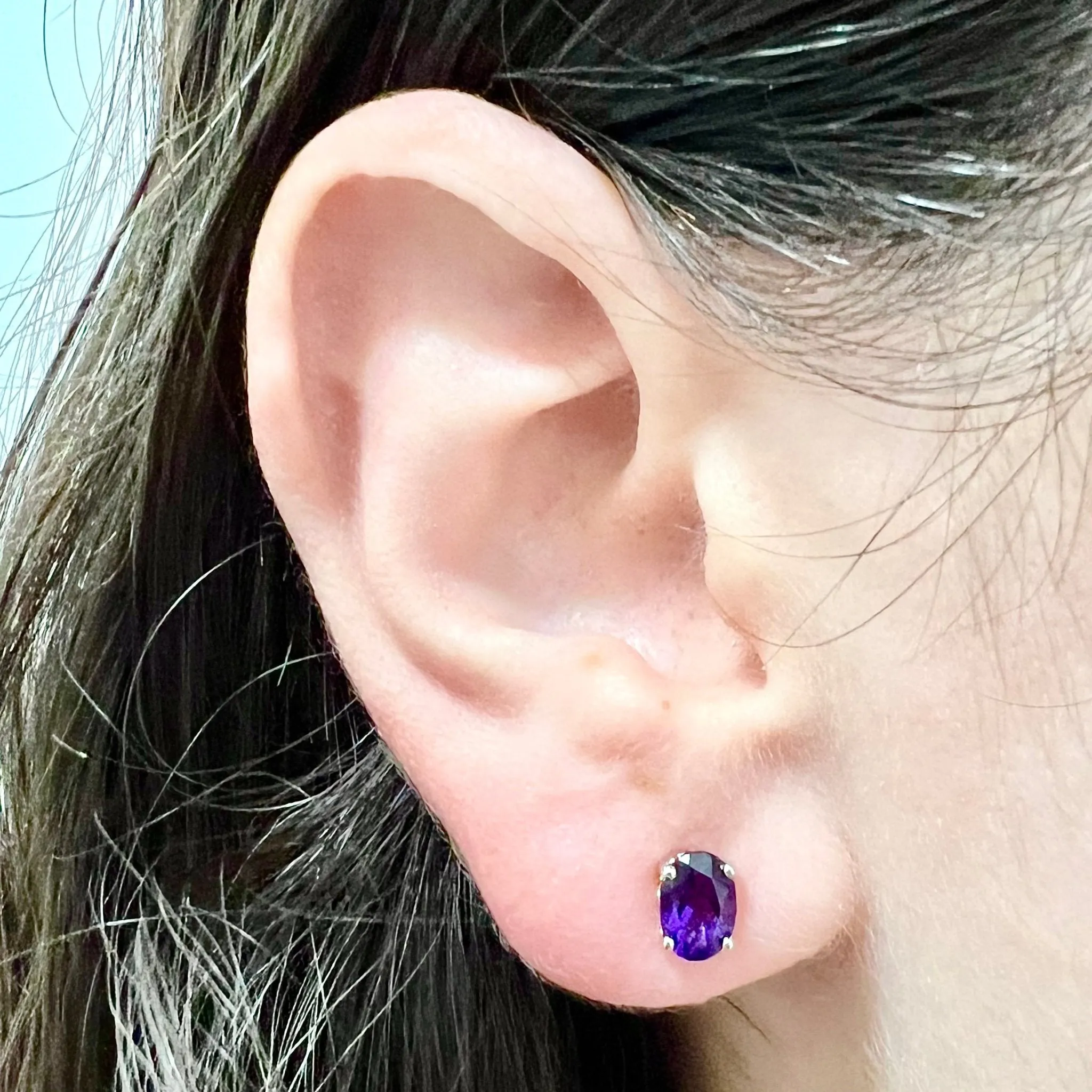 14 Karat White Gold February Birthstone Oval Amethyst Stud Earrings