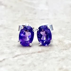 14 Karat White Gold February Birthstone Oval Amethyst Stud Earrings