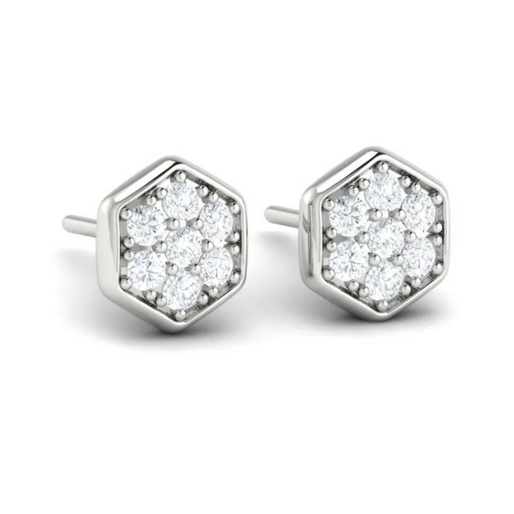 14 KT White Gold Diamond Cluster Honeycomb Stud Earrings