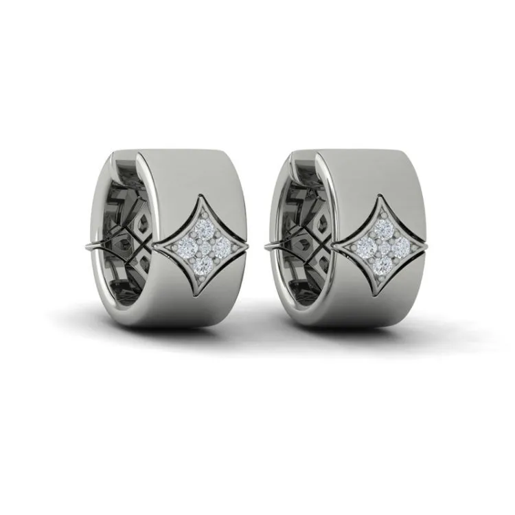 14 KT White Gold Diamond Cluster Vlora Star Huggie Hoop Earrings