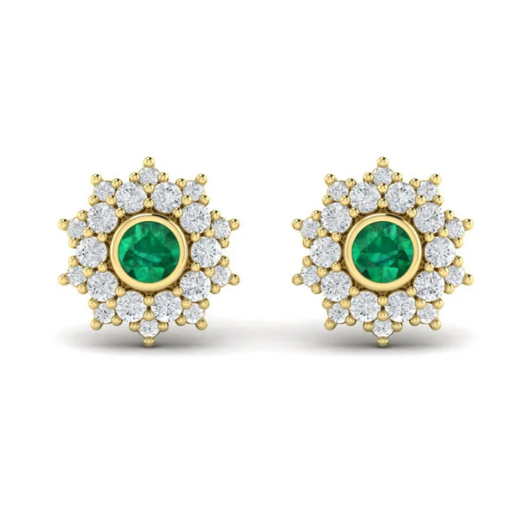 14 KT Yellow Gold Diamond Star Cluster and Emerald Stud Statement Earrings