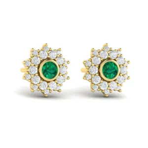 14 KT Yellow Gold Diamond Star Cluster and Emerald Stud Statement Earrings