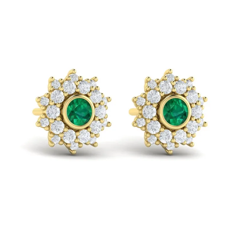 14 KT Yellow Gold Diamond Star Cluster and Emerald Stud Statement Earrings