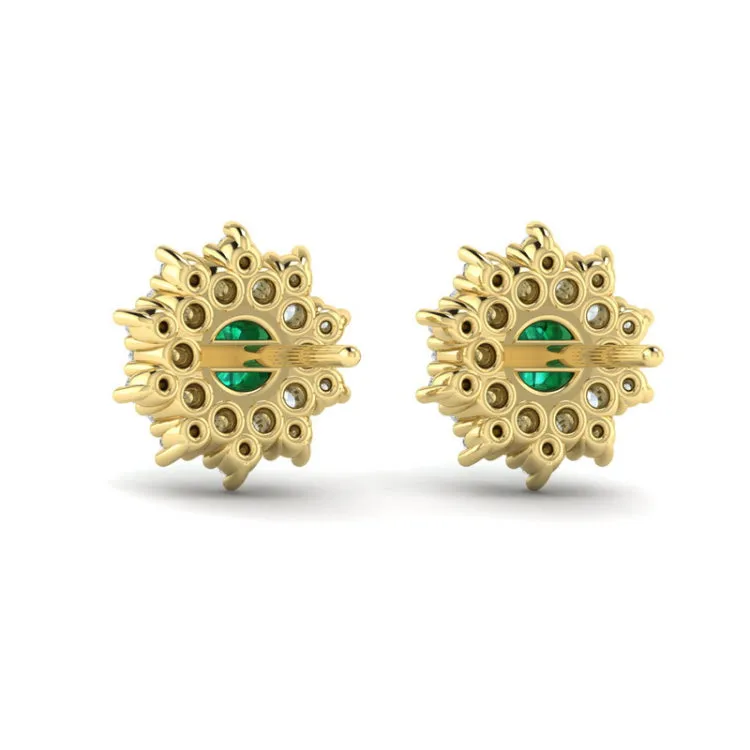 14 KT Yellow Gold Diamond Star Cluster and Emerald Stud Statement Earrings