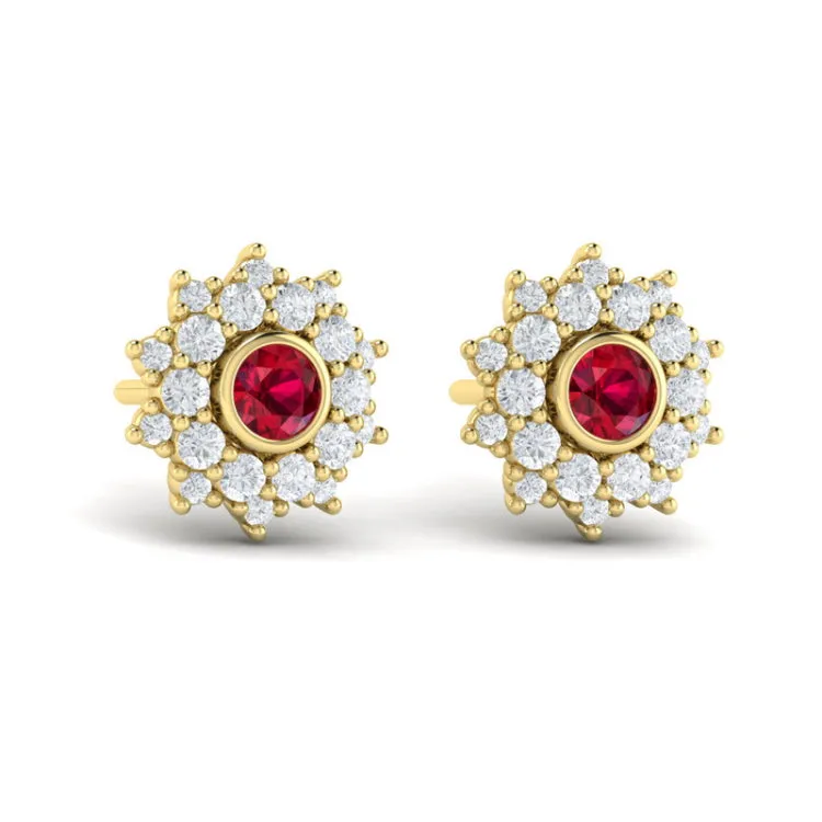14 KT Yellow Gold Diamond Star Cluster and Ruby Stud Statement Earrings
