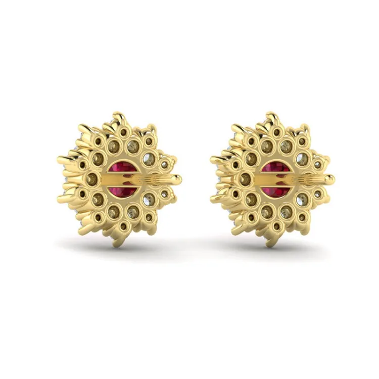 14 KT Yellow Gold Diamond Star Cluster and Ruby Stud Statement Earrings