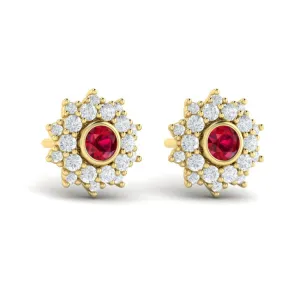 14 KT Yellow Gold Diamond Star Cluster and Ruby Stud Statement Earrings