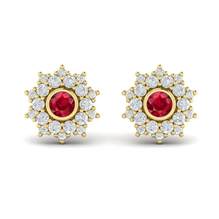 14 KT Yellow Gold Diamond Star Cluster and Ruby Stud Statement Earrings