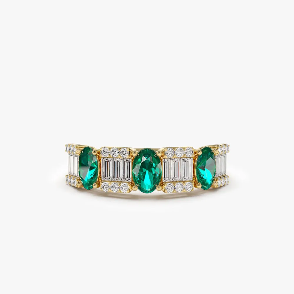 14K Baguette & Round Diamond with Genuine Emerald Ring