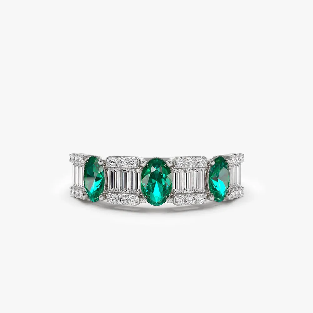14K Baguette & Round Diamond with Genuine Emerald Ring