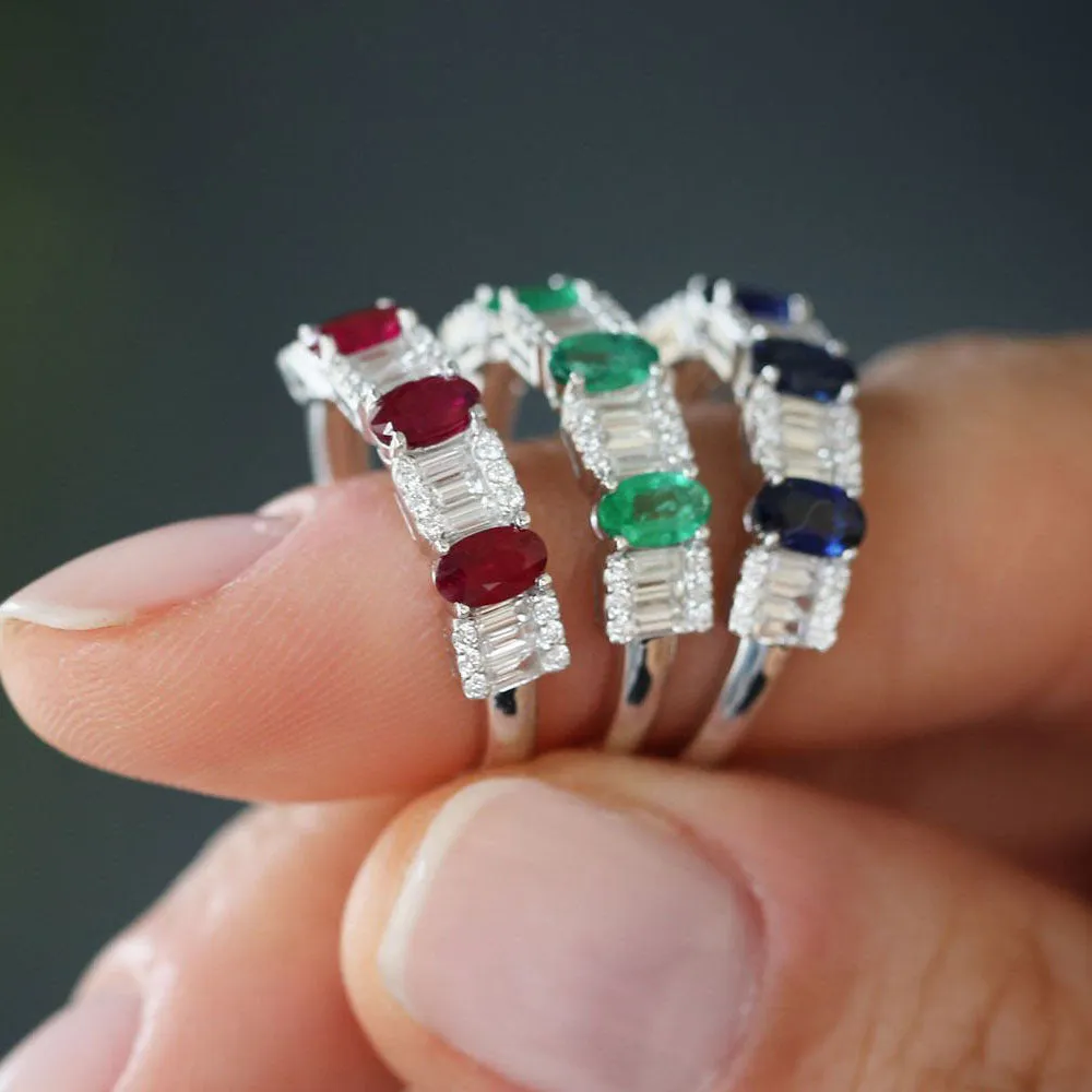 14K Baguette & Round Diamond with Genuine Emerald Ring
