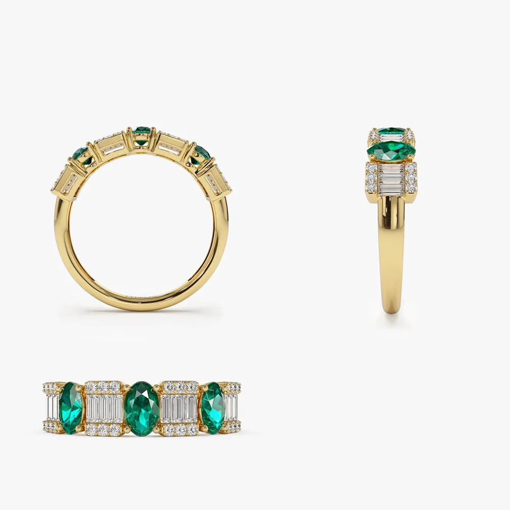 14K Baguette & Round Diamond with Genuine Emerald Ring