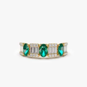 14K Baguette & Round Diamond with Genuine Emerald Ring