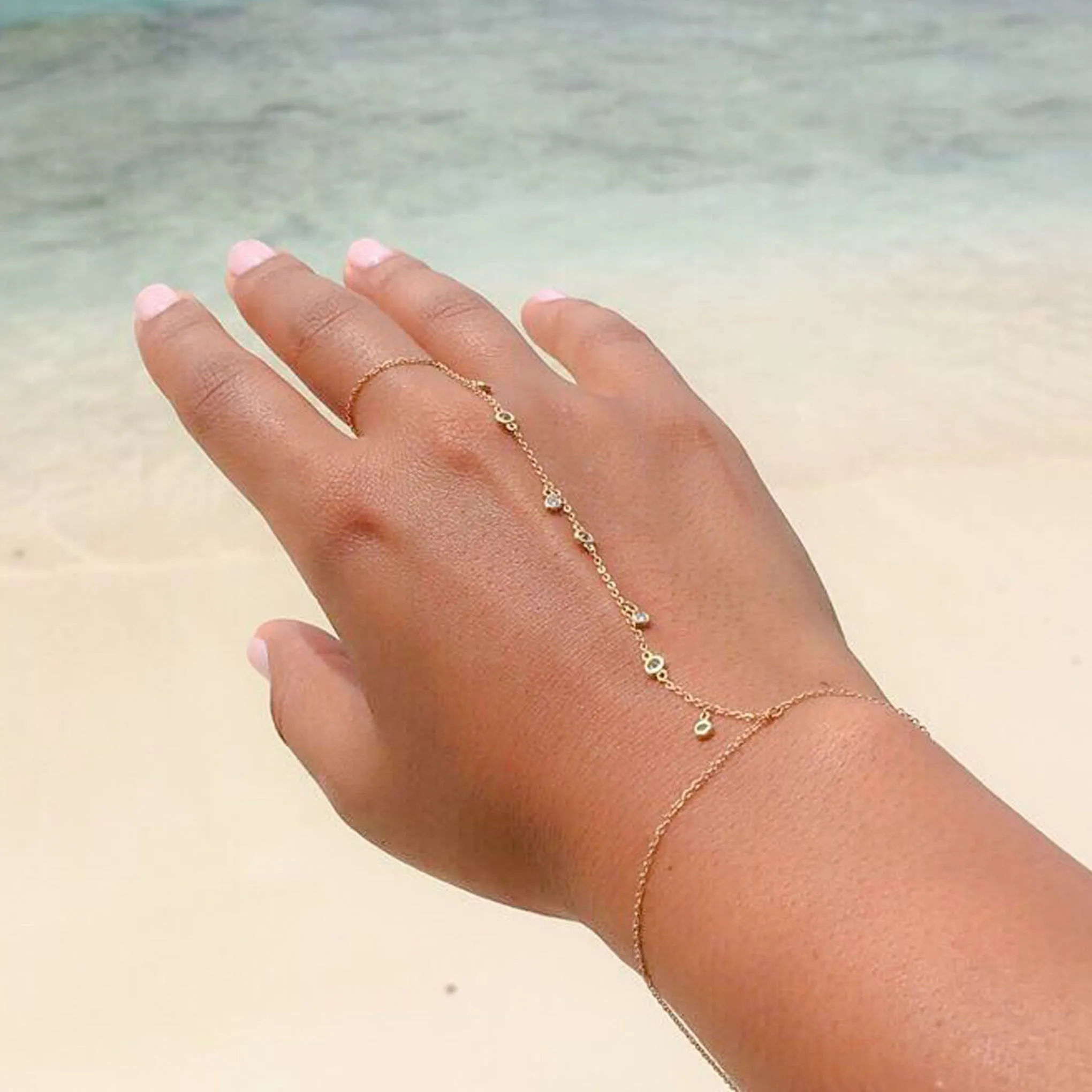 14K Gold 7 Diamond Fringed Finger Bracelet
