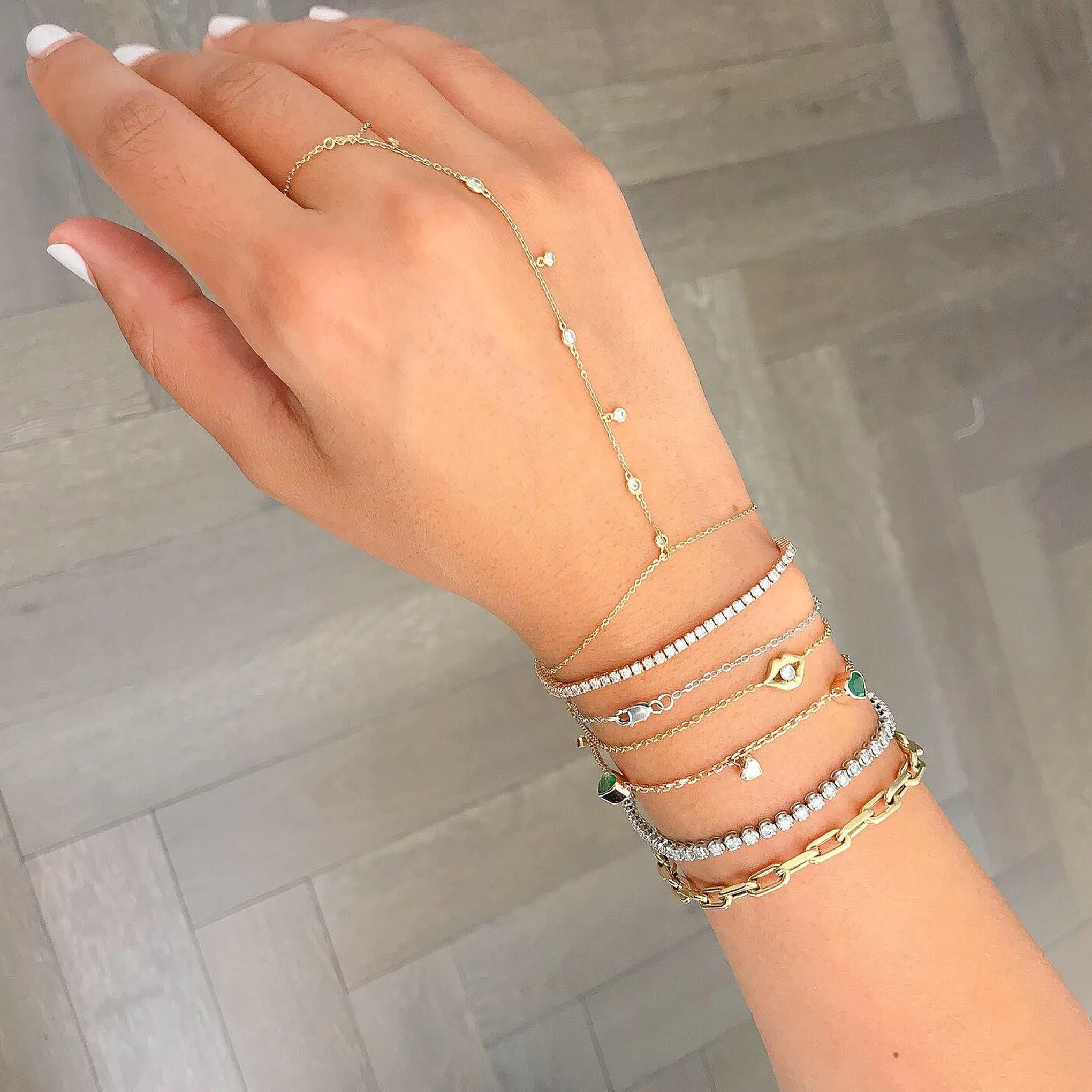 14K Gold 7 Diamond Fringed Finger Bracelet