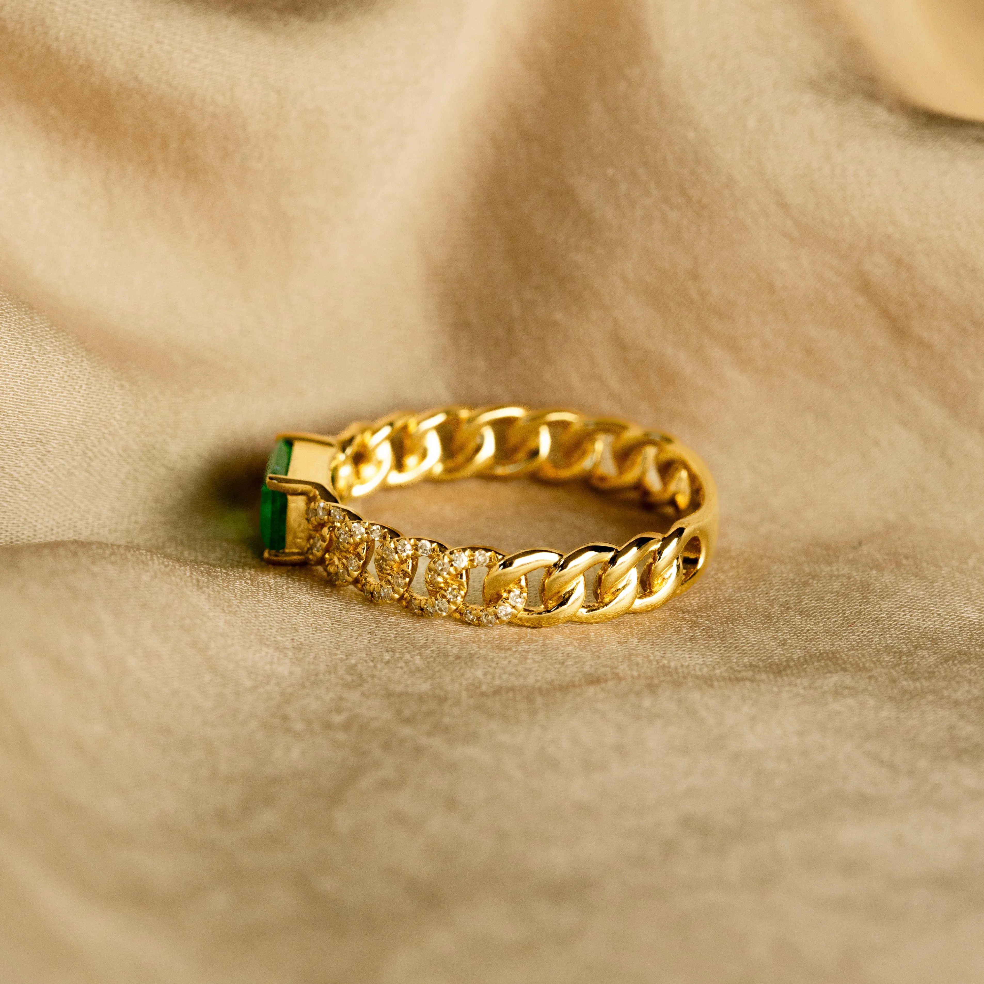 14K Gold Emerald Diamond Curb Link Ring