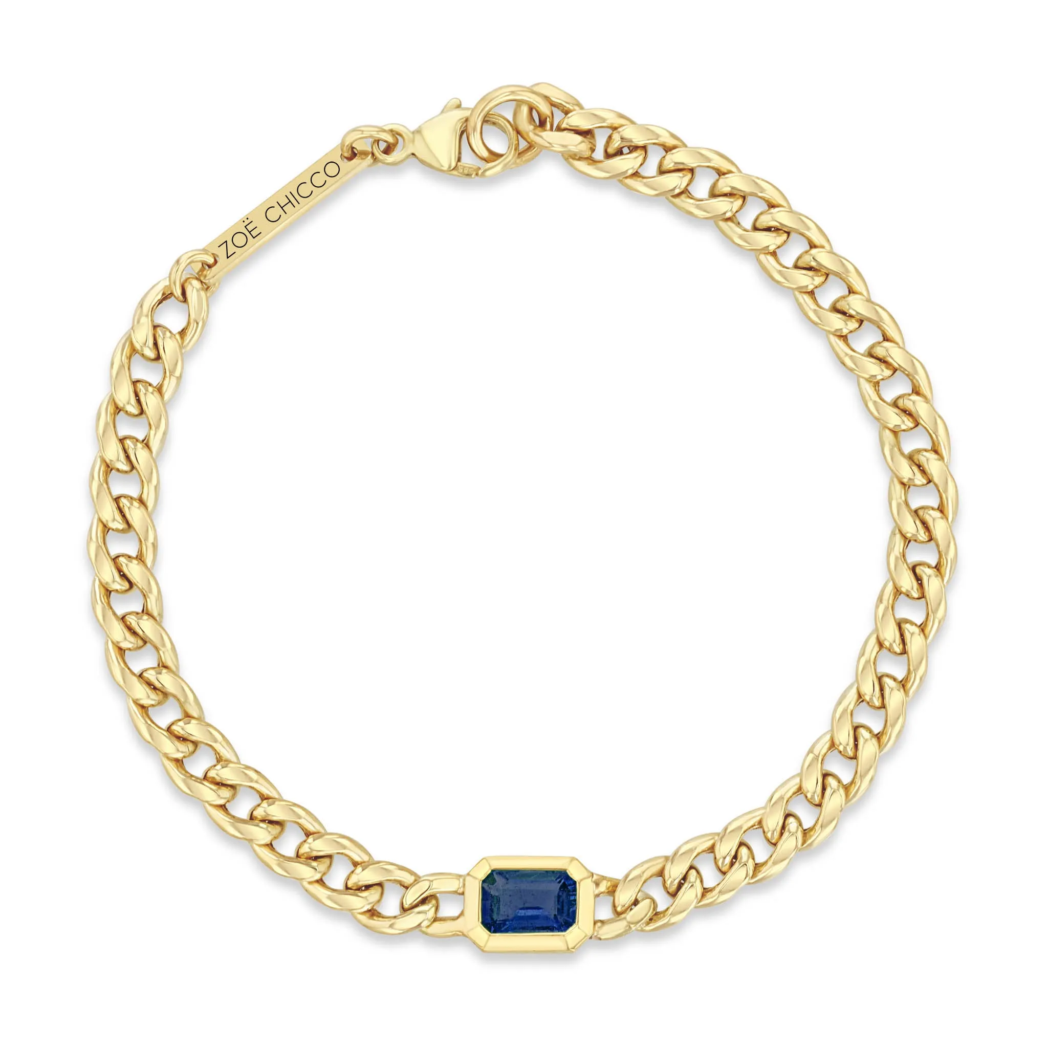 14k Medium Curb Chain Emerald Cut Blue Sapphire Bezel Bracelet