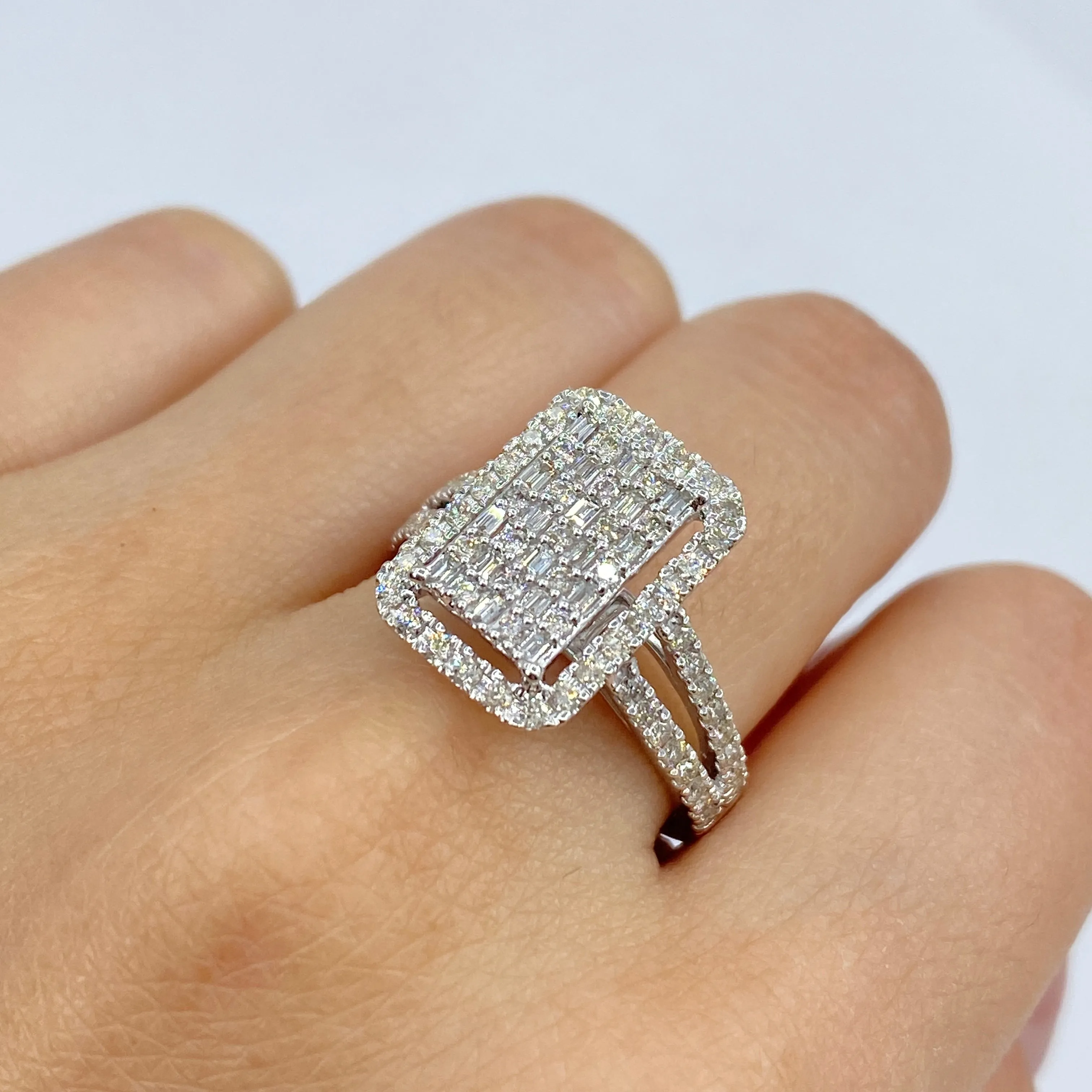 14K Rectangle Halo Diamond Baguette Ring