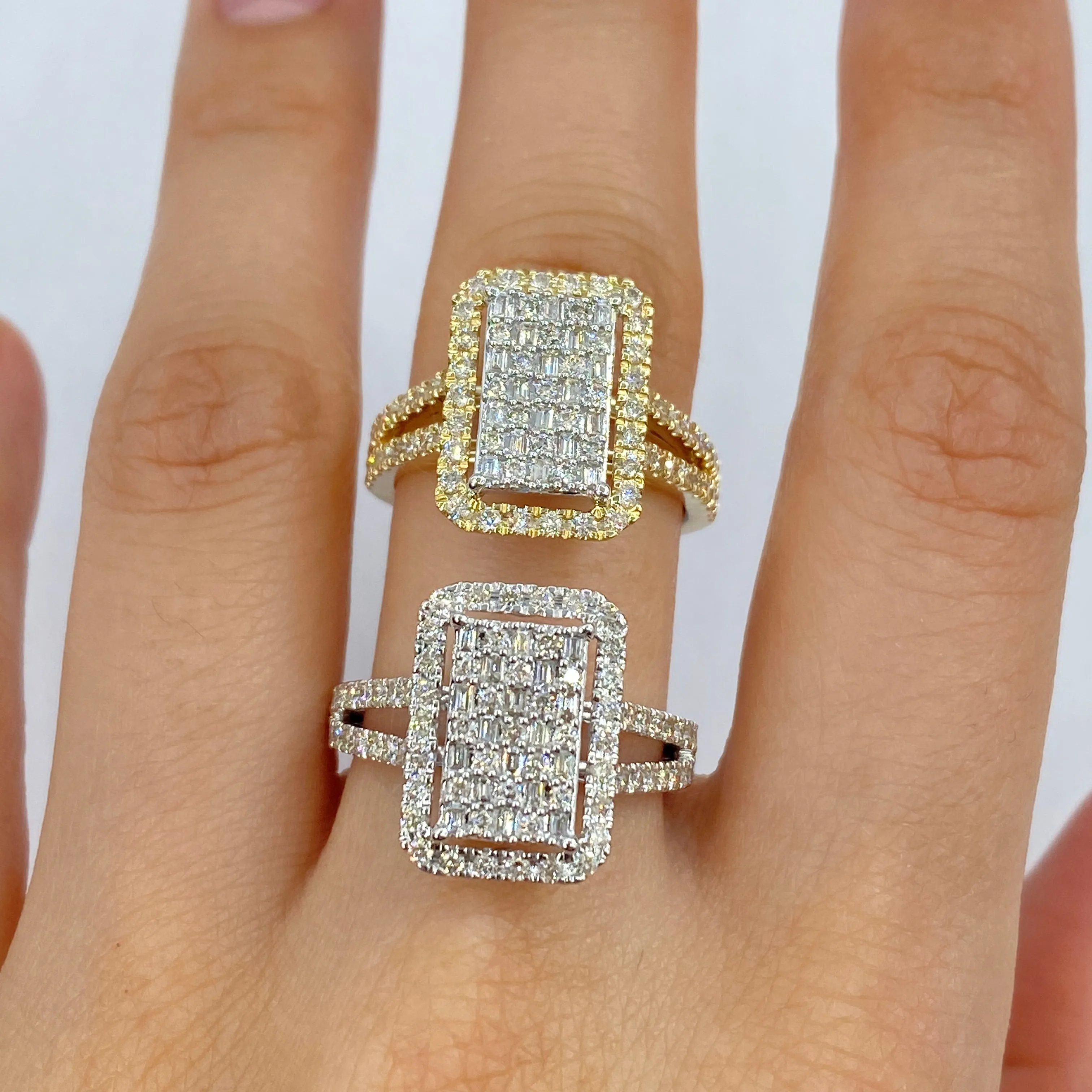 14K Rectangle Halo Diamond Baguette Ring