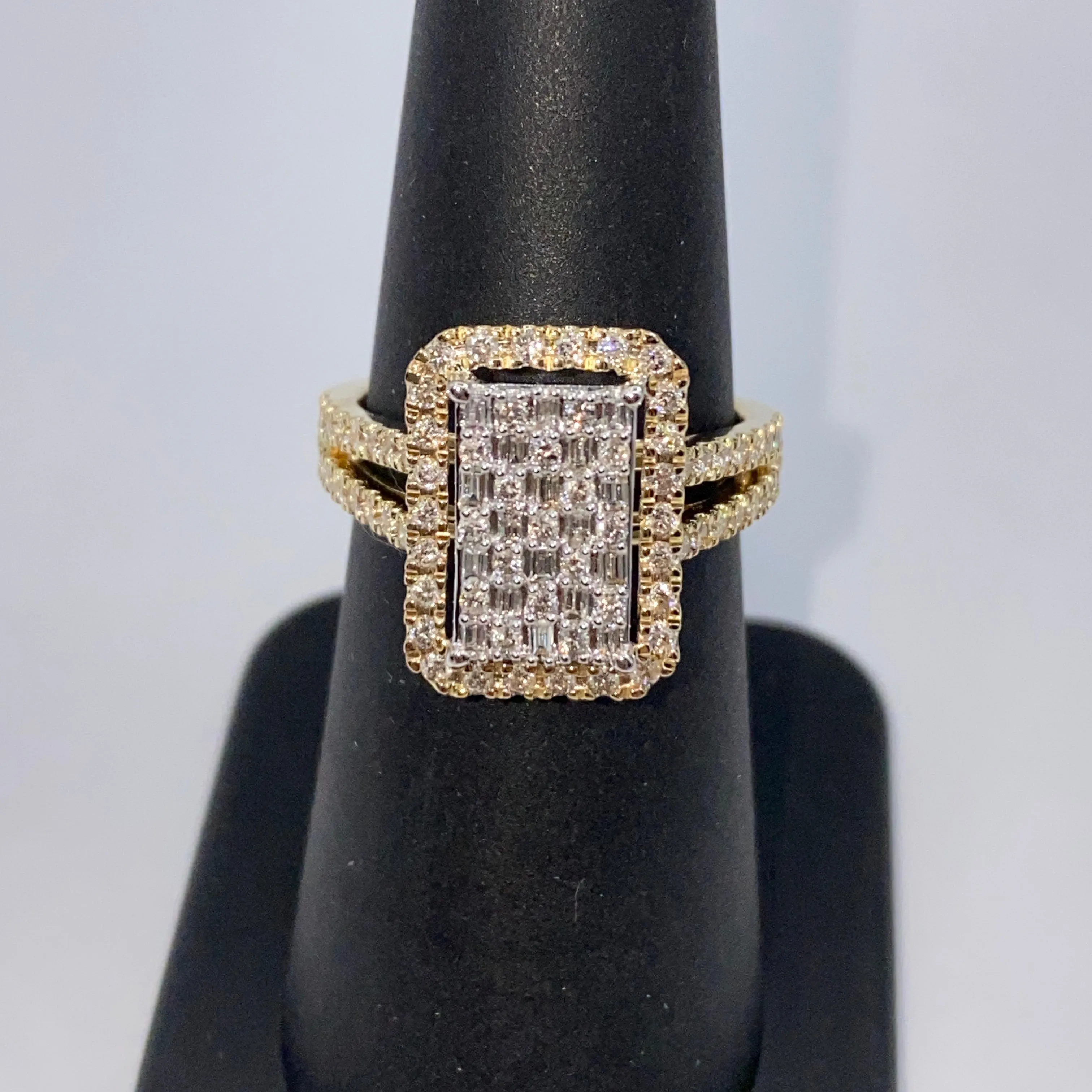 14K Rectangle Halo Diamond Baguette Ring