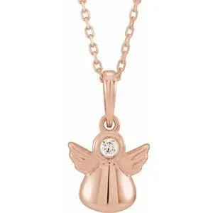14K Rose .03 CT Diamond Youth Angel 15" Necklace